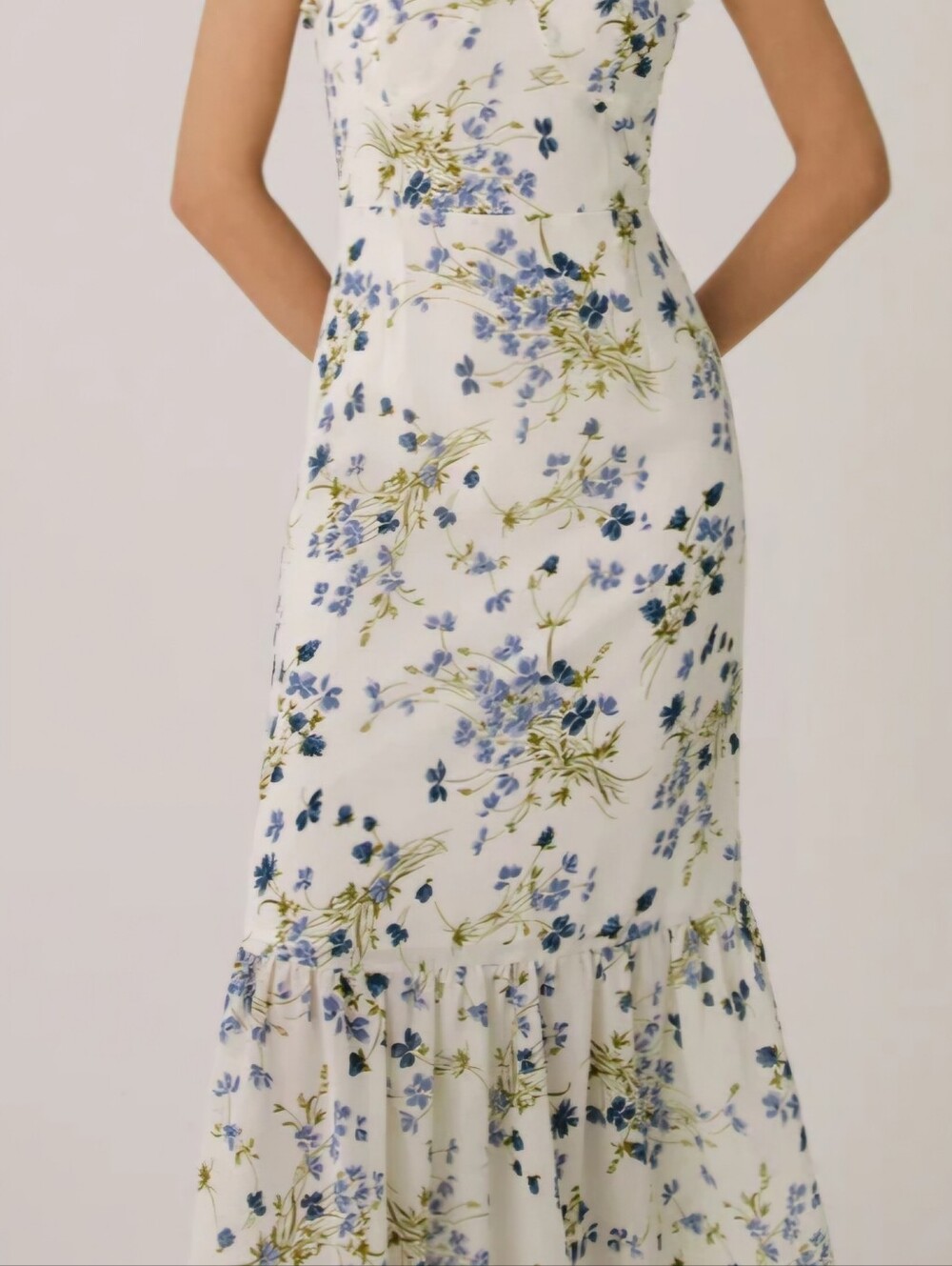 Commense White Floral Midi Dress with Blue and Olive Print